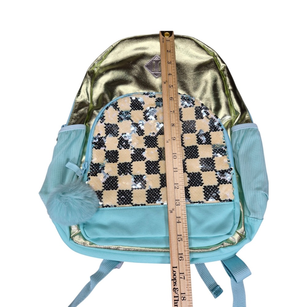 Cat & Jack Girls Sequin Checkerboard Backpack Gold Teal Metallic School Bag NEW - Picture 6 of 7